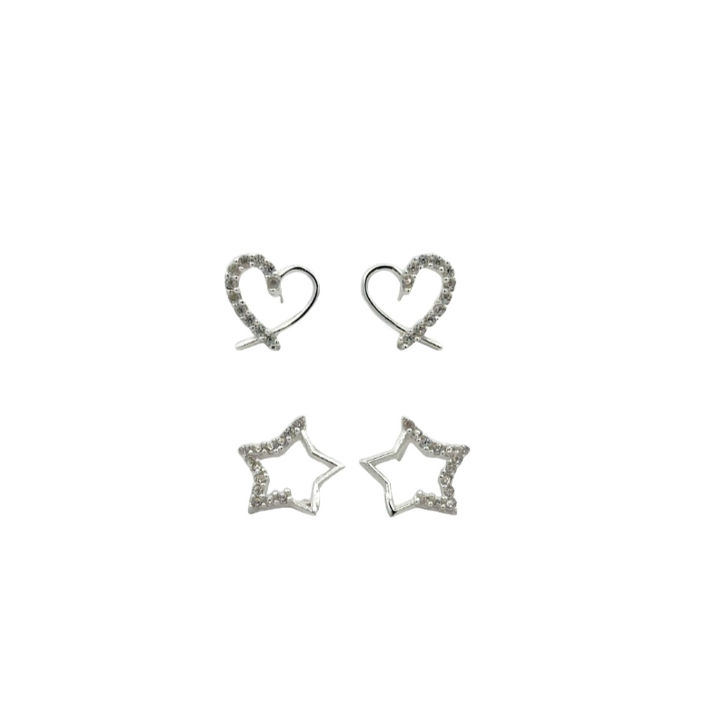 Silver Worx Heart & Star Pair Earring Set with Cubic