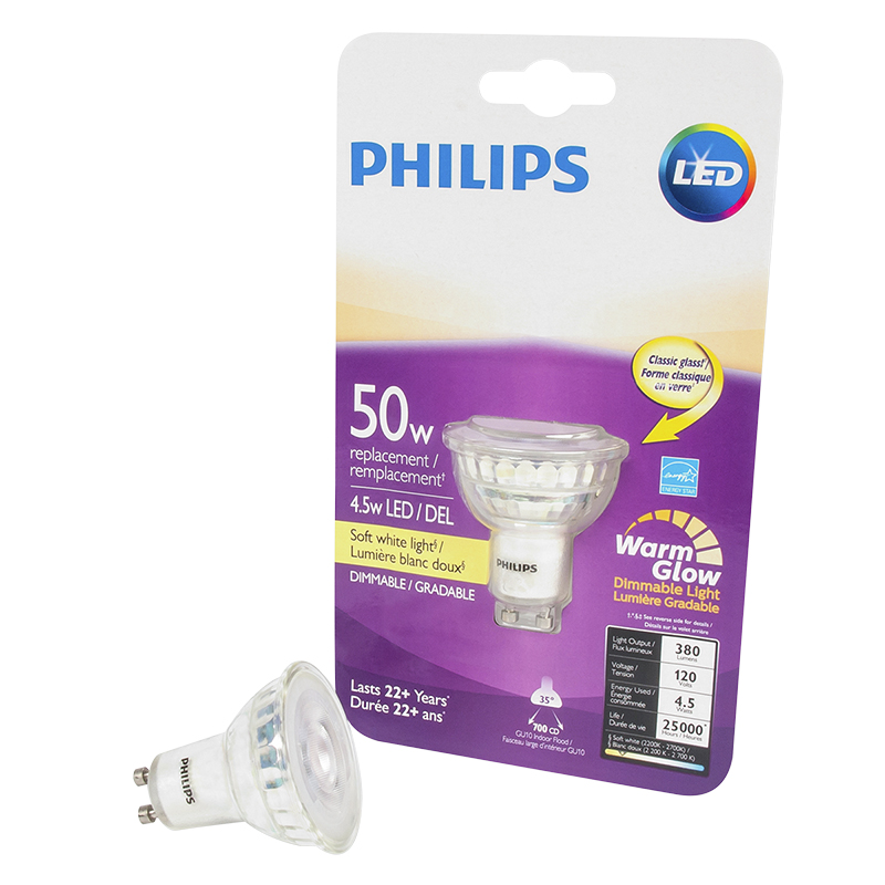10-Pack Philips GU10 LED Bulbs 4.6W-50W Equivalent, 4000K Cool White, Non-Dimmable