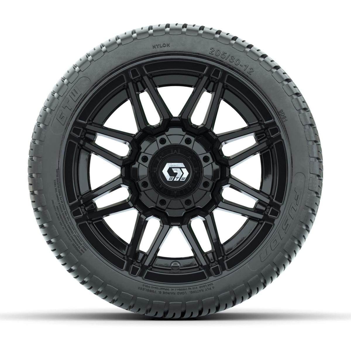 GTW&reg; Stealth Black/Machined 12 in Wheels with 205/30-12 Fusion Street Tires – Full Set