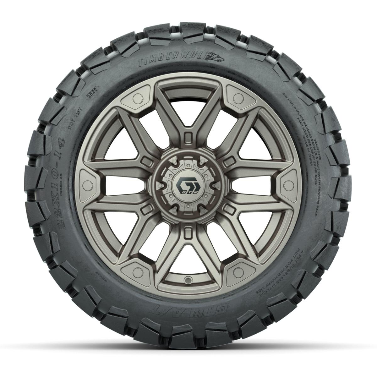 GTW® Graffiti Satin Bronze 14 in Wheels with 22x10-14 Timberwolf All-Terrain Tires – Full Set