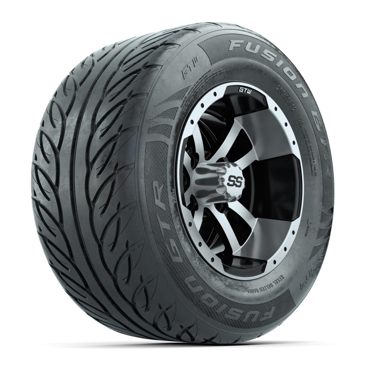GTW&reg; Storm Trooper Black/Machined 12 in Wheels with 255/55-R12 Fusion GTR Steel Belt Radial Street Tires – Full Set
