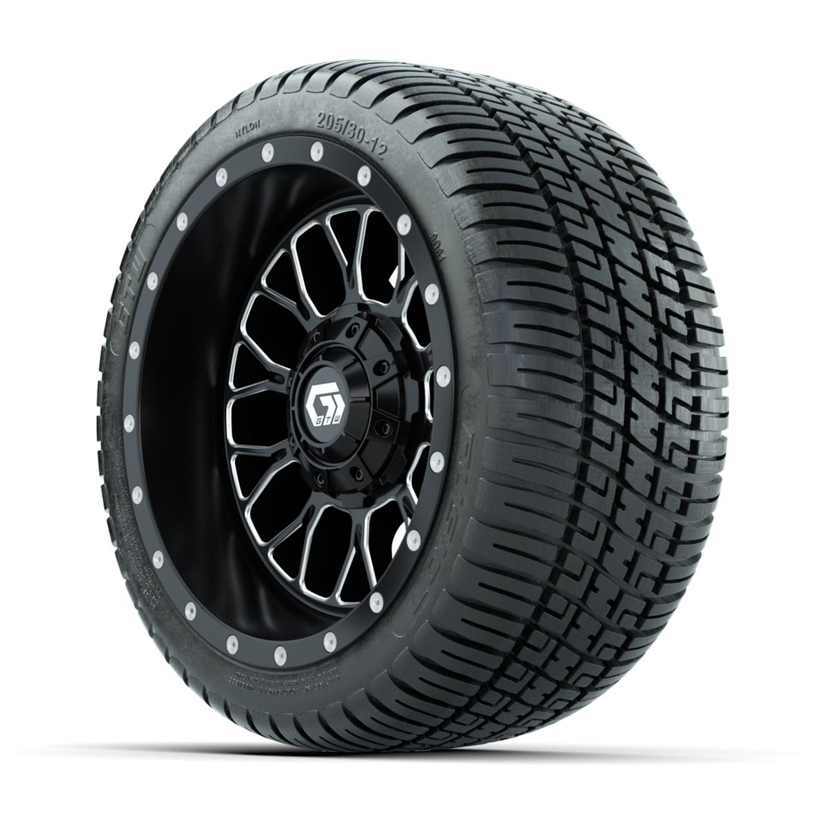GTW&reg; Helix Black/Machined 12 in Wheels with 205/30-12 Fusion Street Tires – Full Set