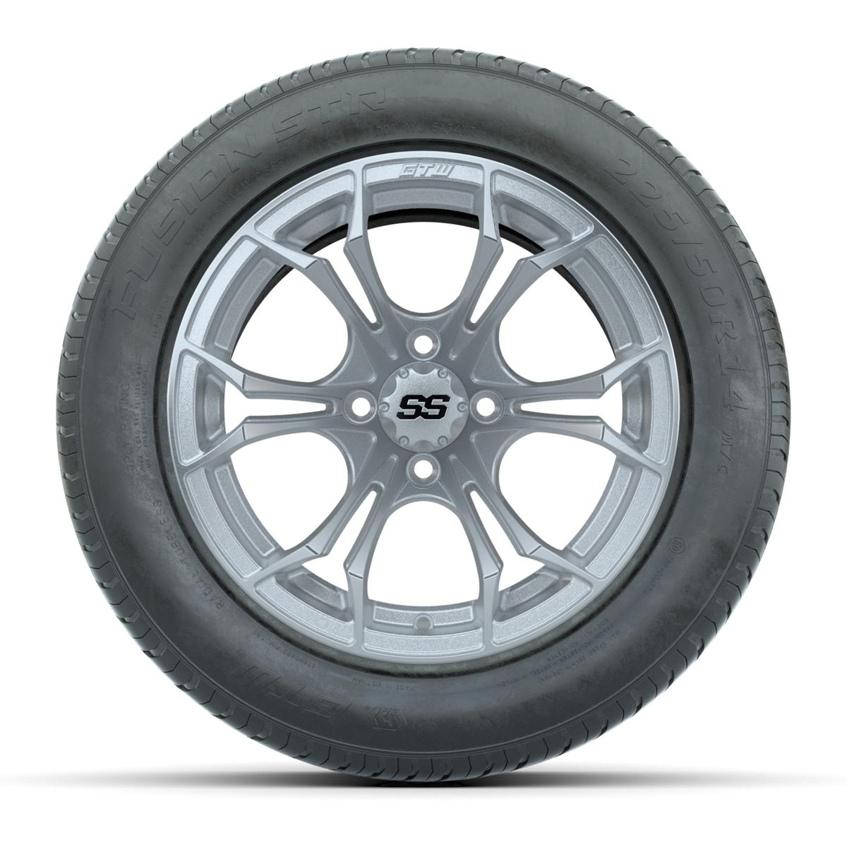 GTW&reg; Spyder Matte Silver and Machined 14 in Wheels with 255/50-R14 Fusion STR DOT Approved Street Tires - Full Set