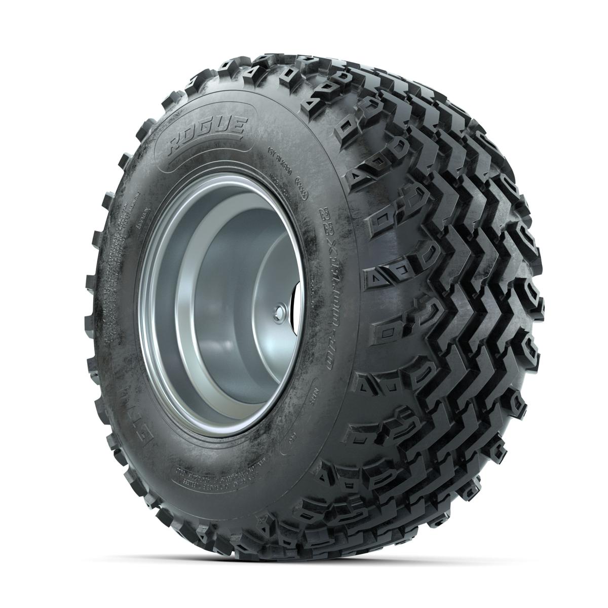 GTW Steel Silver 3:5 Offset 10 in Wheels with 22x11.00-10 Rogue All Terrain Tires – Full Set