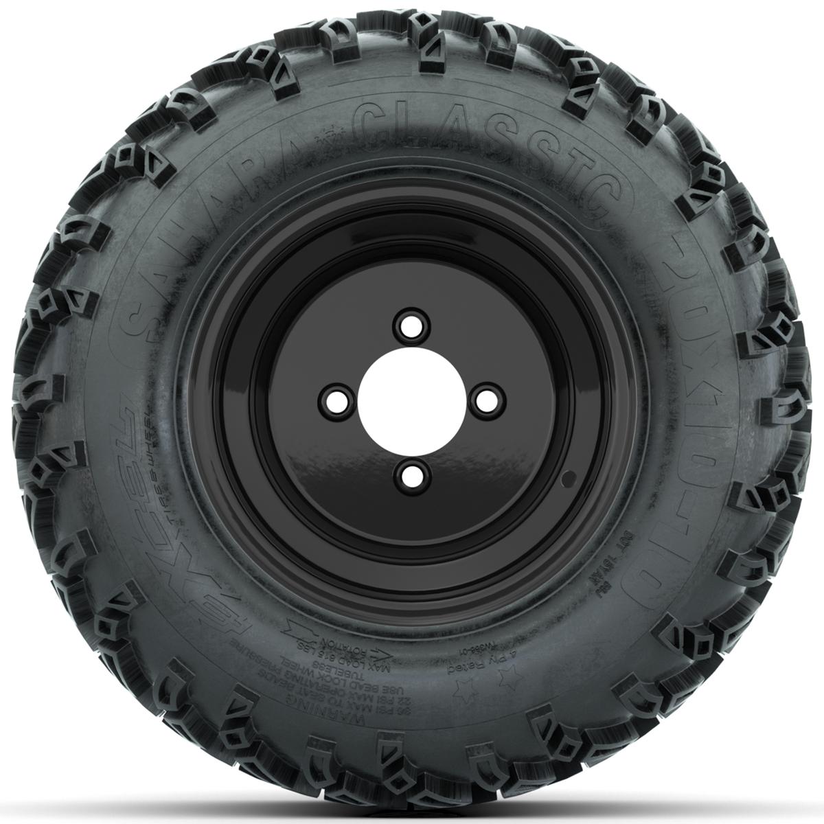 Set of (4) 10 in Black Steel Offset Wheels with 20x10-10 Sahara Classic All Terrain Tires