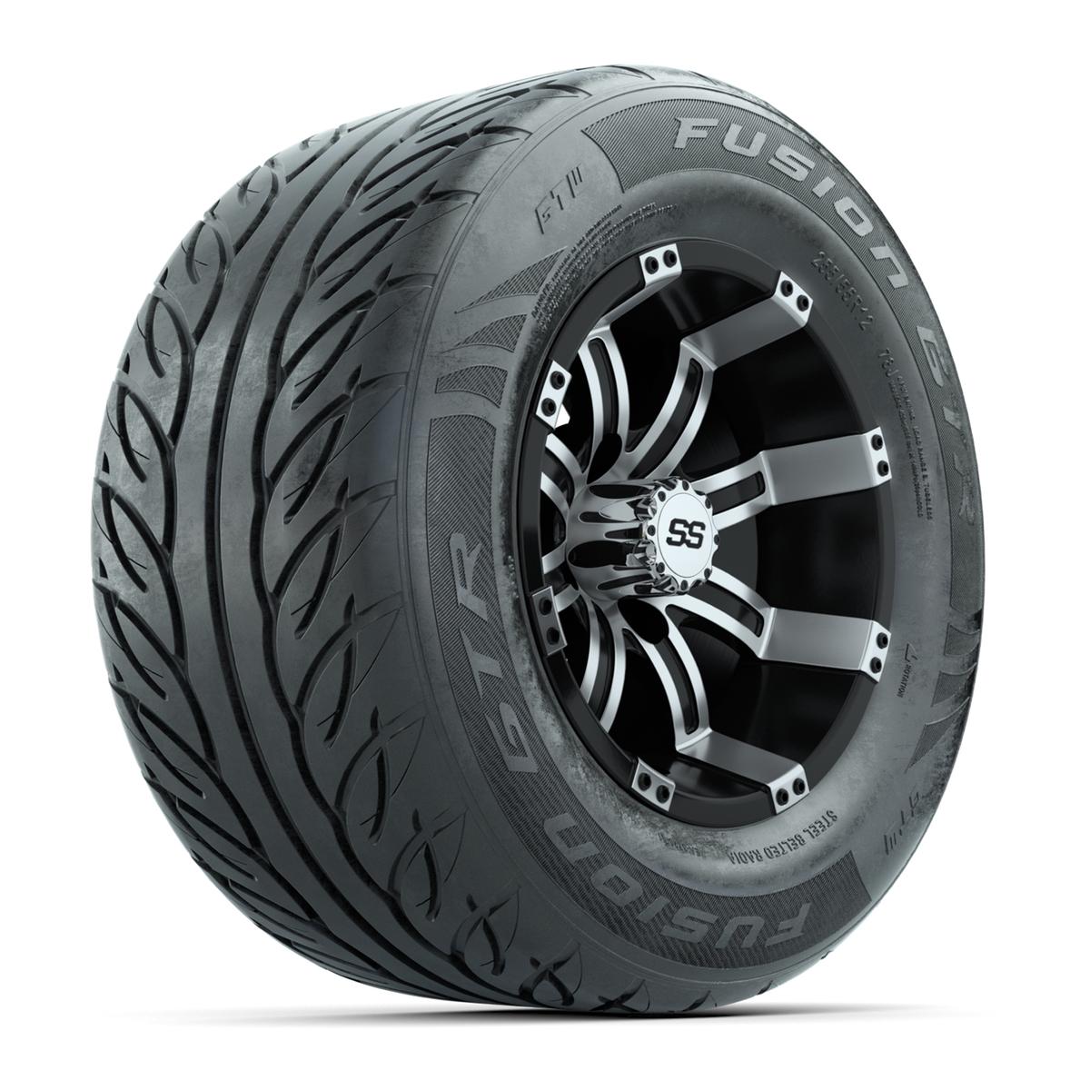 GTW&reg; Tempest Black/Machined 12 in Wheels with 255/55-R12 Fusion GTR Steel Belt Radial Street Tires – Full Set