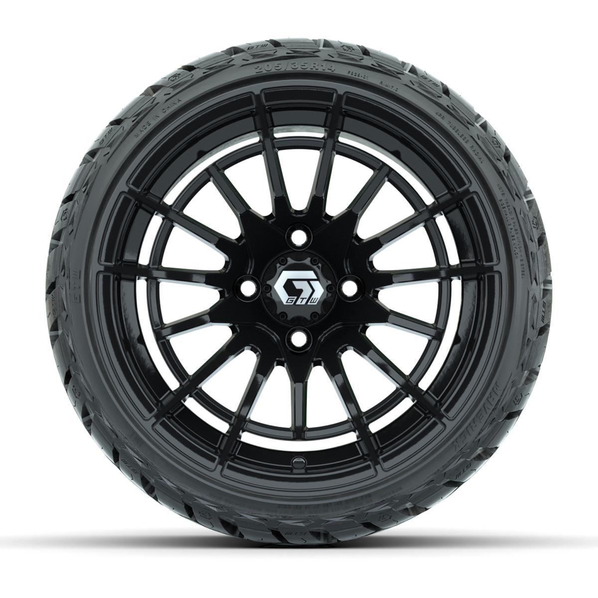 GTW Boost Gloss Black 14 in Wheels with 205/35-R14 Maverick Low-Profile All-Terrain Tires – Full Set
