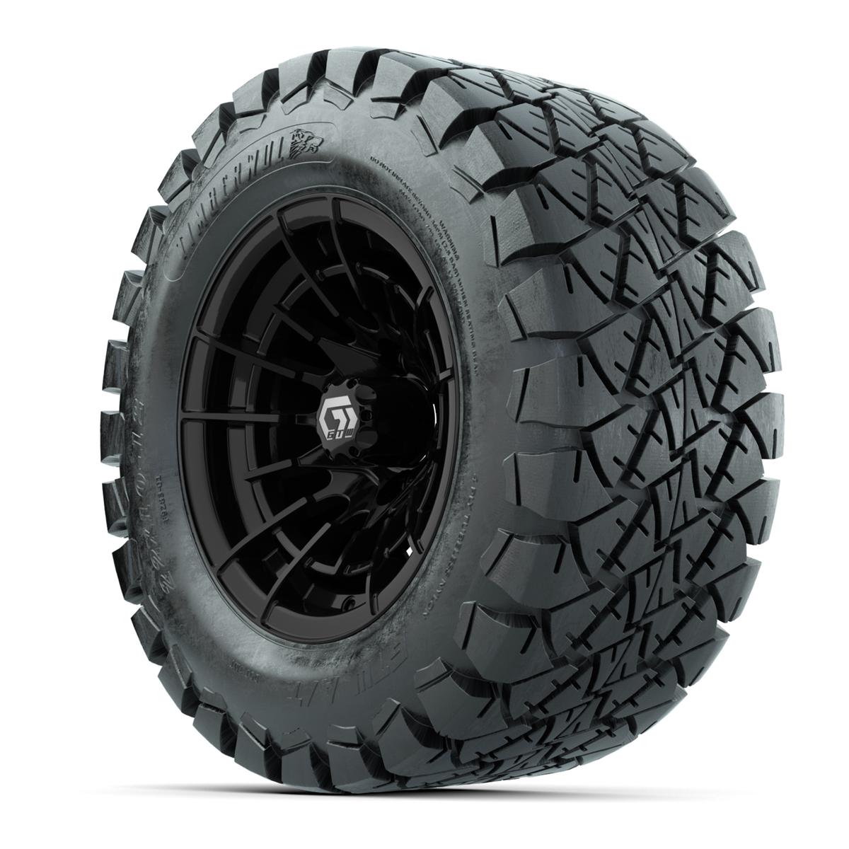 GTW® Boost Gloss Black 12 in Wheels with 22x10-12 Timberwolf All-Terrain Tires – Full Set