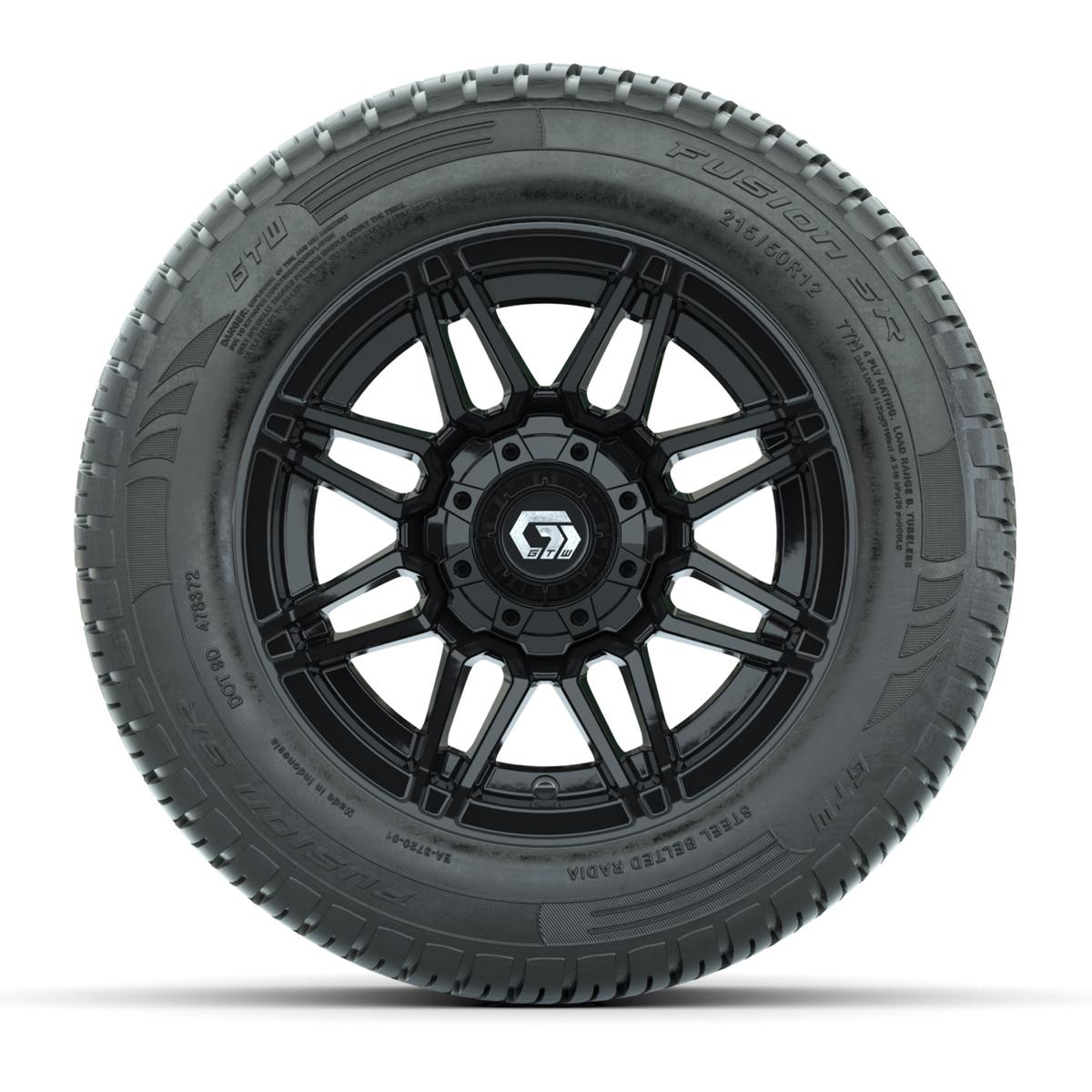 GTW® Stealth Gloss Black 12 in Wheels with 215/50-R12 Fusion S/R Steel Belt Radial Tires – Full Set