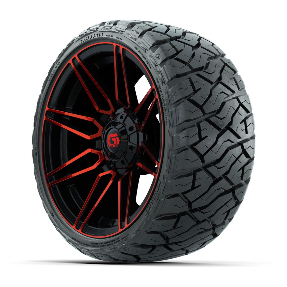 GTW Stealth Gloss Black/Red 14 in Wheels with 205/35-R14 Maverick Low-Profile All-Terrain Tires – Full Set
