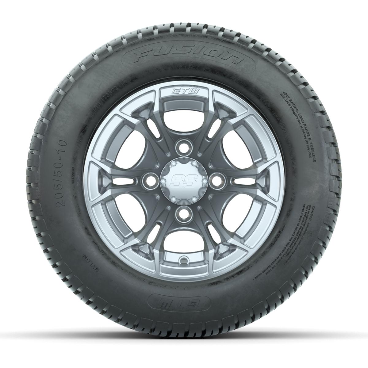 GTW Spyder Silver Brush 10 in Wheels with 205/50-10 Fusion Street Tires – Full Set