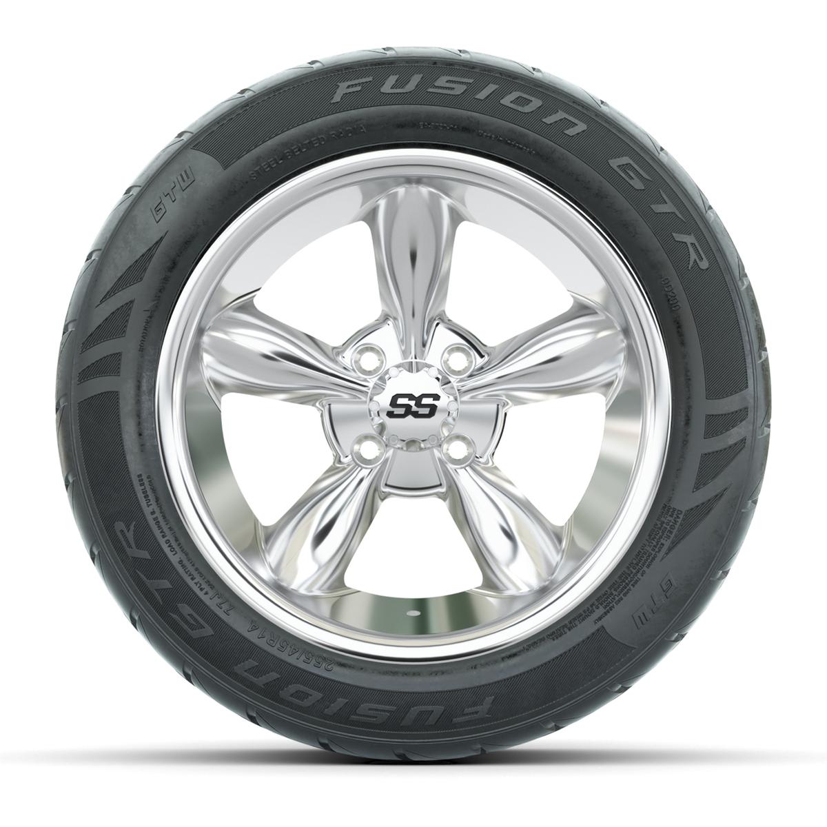 GTW&reg; Godfather Chrome 14 in Wheels with 255/45-R14 Fusion GTR Steel Belt Radial Street Tires – Full Set
