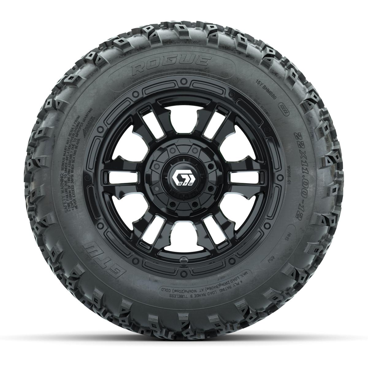 GTW® Shogun Gloss Black 12 in Wheels with 22x11.00-12 Rogue All-Terrain Tires – Full Set