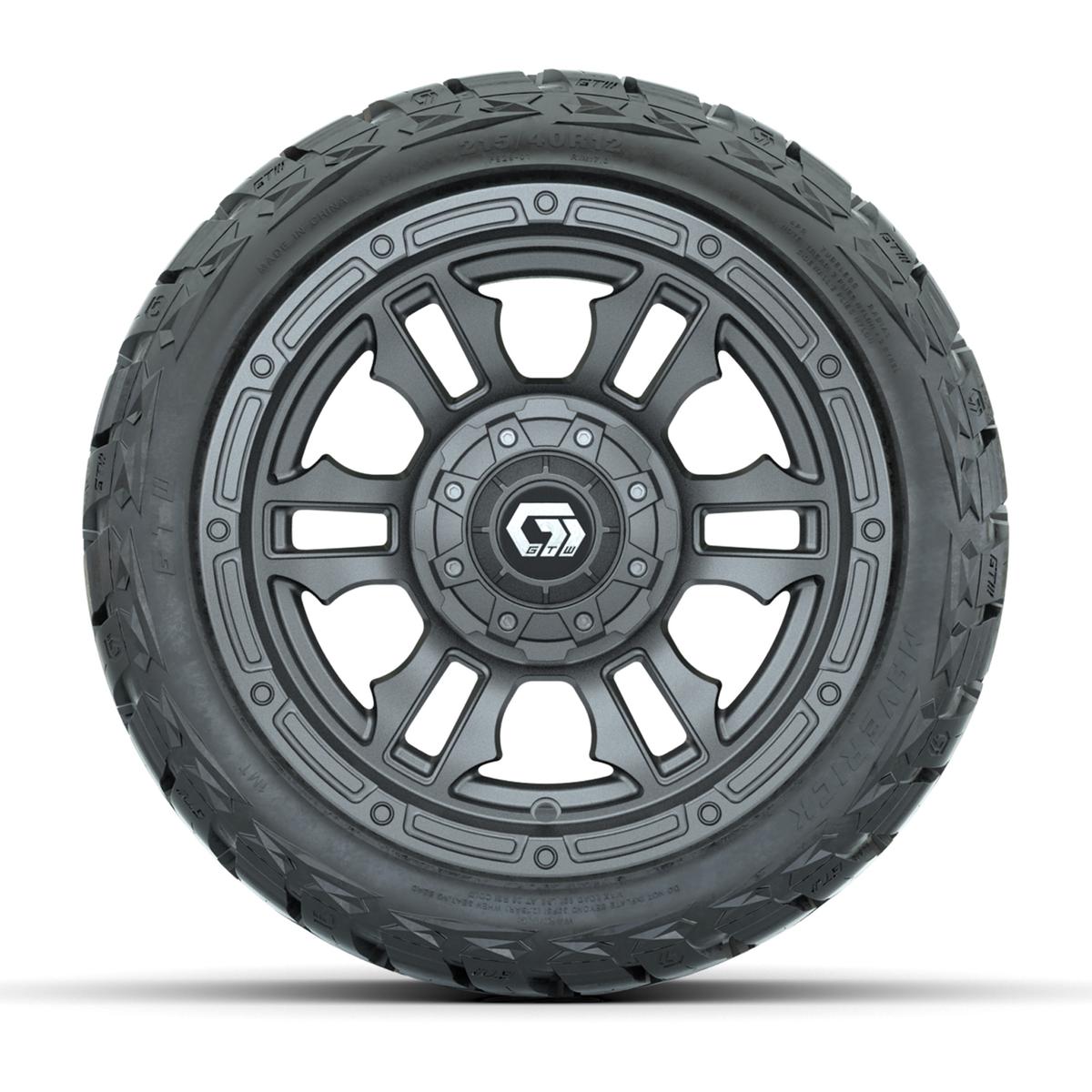 GTW Shogun Gloss Gunmetal 12 in Wheels with 215/40-R12 Maverick Low-Profile All-Terrain Tires – Full Set