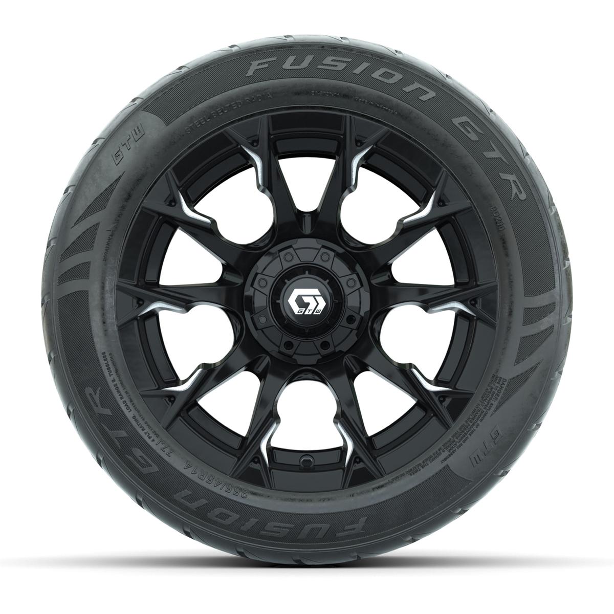 GTW&reg; Diablo Gloss Black/Machined 14 in Wheels with 255/45-R14 Fusion GTR Steel Belt Radial Street Tires – Full Set