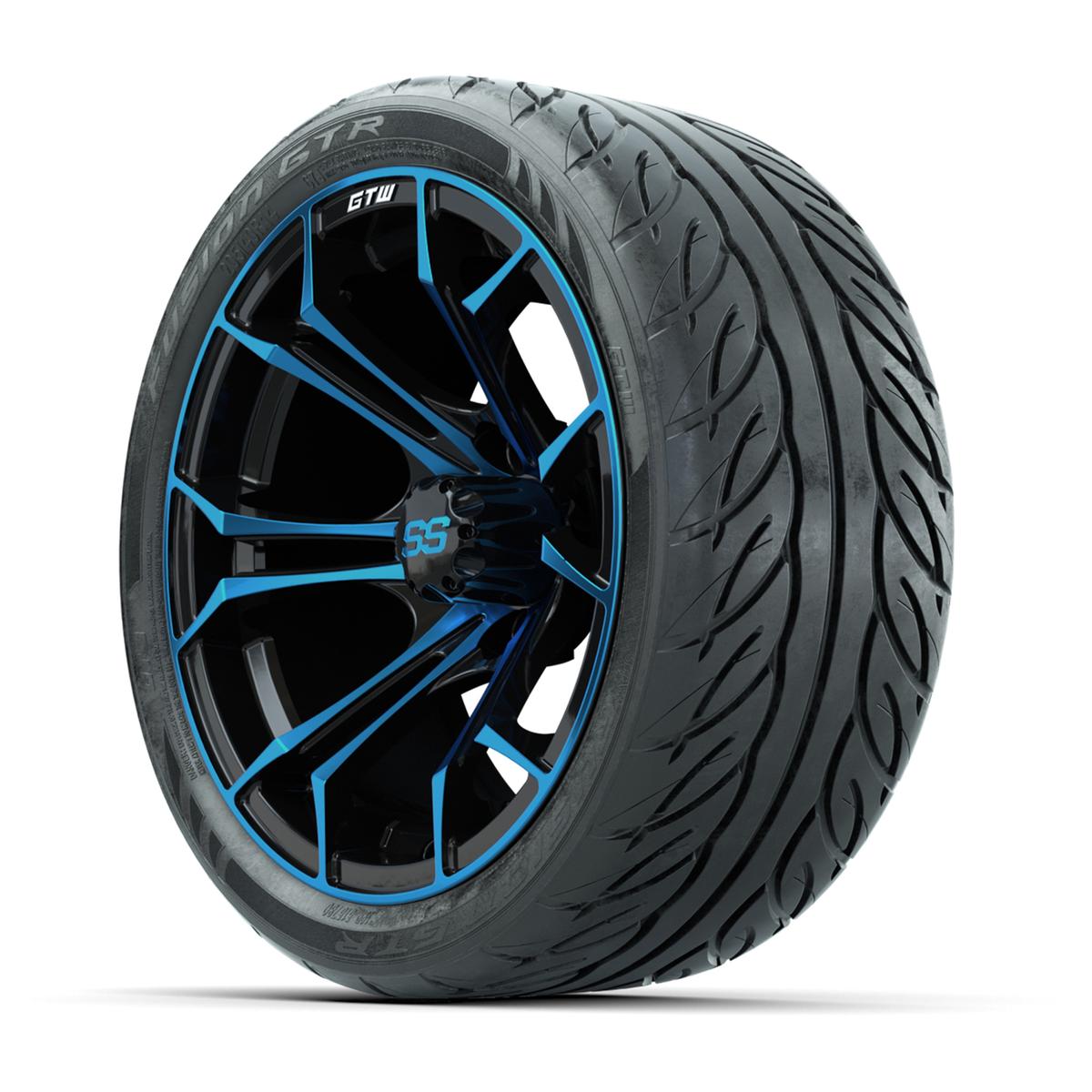 GTW&reg; Spyder Black/Blue 14 in Wheels with 205/40-R14 Fusion GTR Steel Belt Radial Street Tires – Full Set