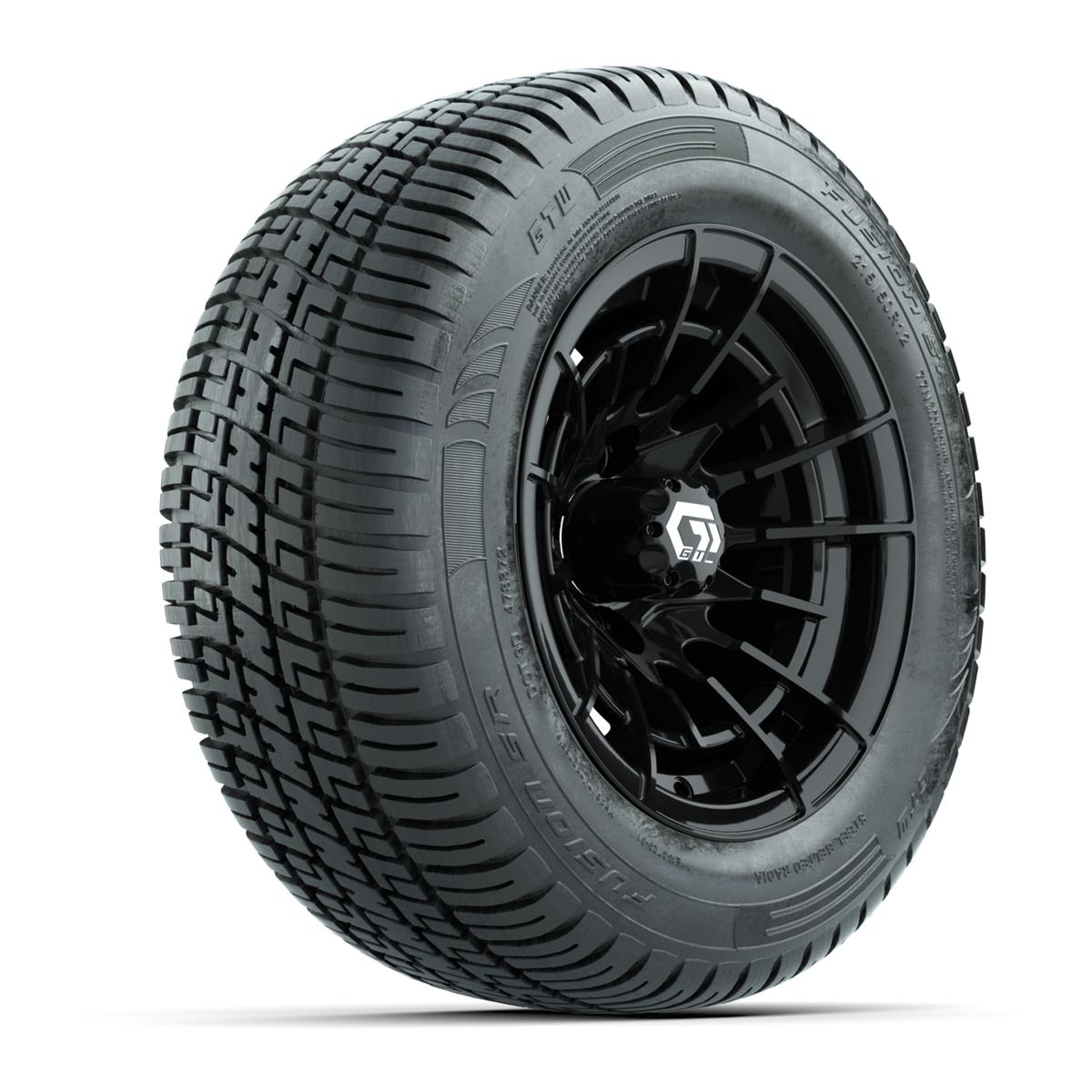 GTW® Boost Gloss Black 12 in Wheels with 215/50-R12 Fusion S/R Steel Belt Radial Tires – Full Set