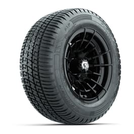 GTW® Boost Gloss Black 12 in Wheels with 215/50-R12 Fusion S/R Steel Belt Radial Tires – Full Set