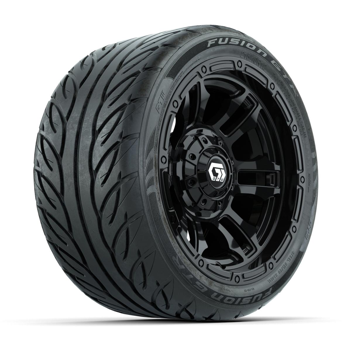 GTW&reg; Shogun Gloss Black 12 in Wheels with 215/40-R12 Fusion GTR Steel Belt Radial Street Tires – Full Set