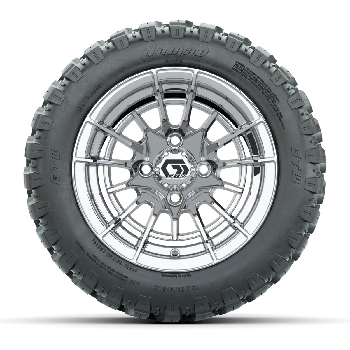 GTW&reg; Boost Chrome 12 in Wheels with 22X11-R12 Nomad Steel Belt Radial All-Terrain Tires – Full Set