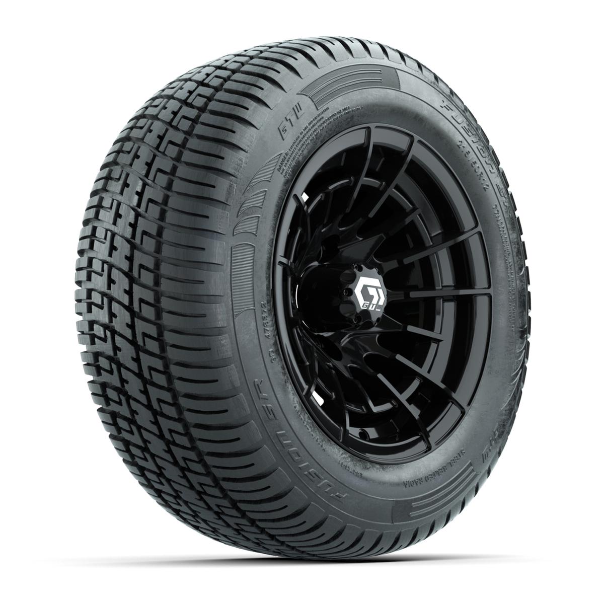 GTW® Boost Gloss Black 12 in Wheels with 215/50-R12 Fusion S/R Steel Belt Radial Tires – Full Set