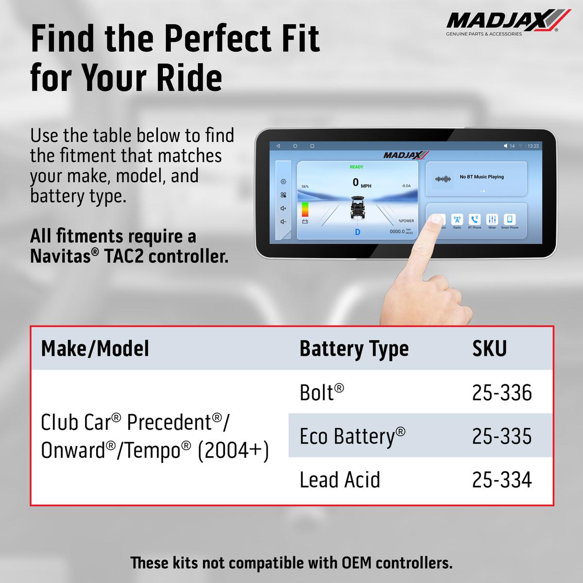 MadJax&reg; Kinect&trade; Display Screen Kit for A/C motor Club Car Precedent/Tempo/Onward Bolt Battery and Navitas TAC2