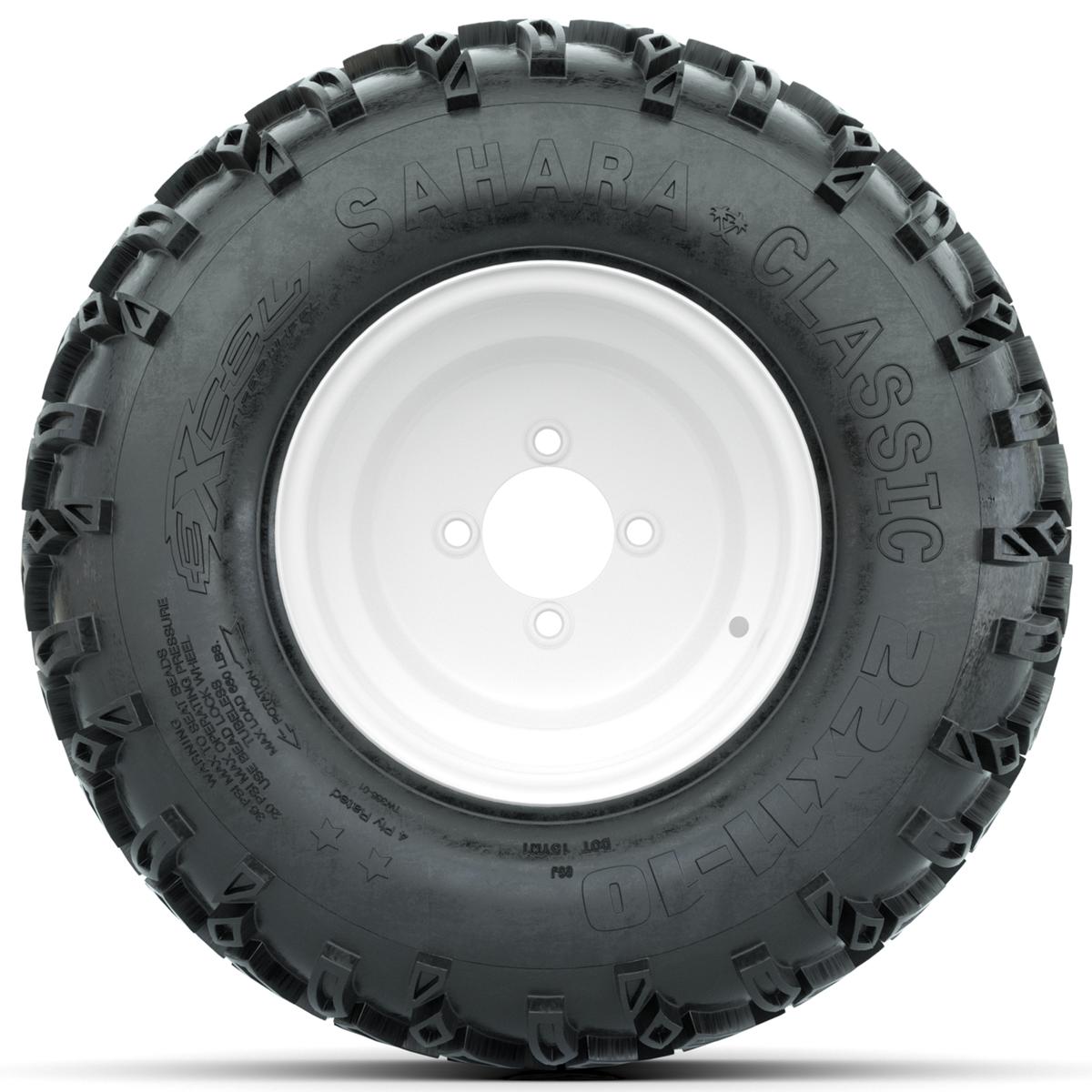 Set of (4) 10 in White Steel Offset Wheels with 22x11-10 Sahara Classic All Terrain Tires