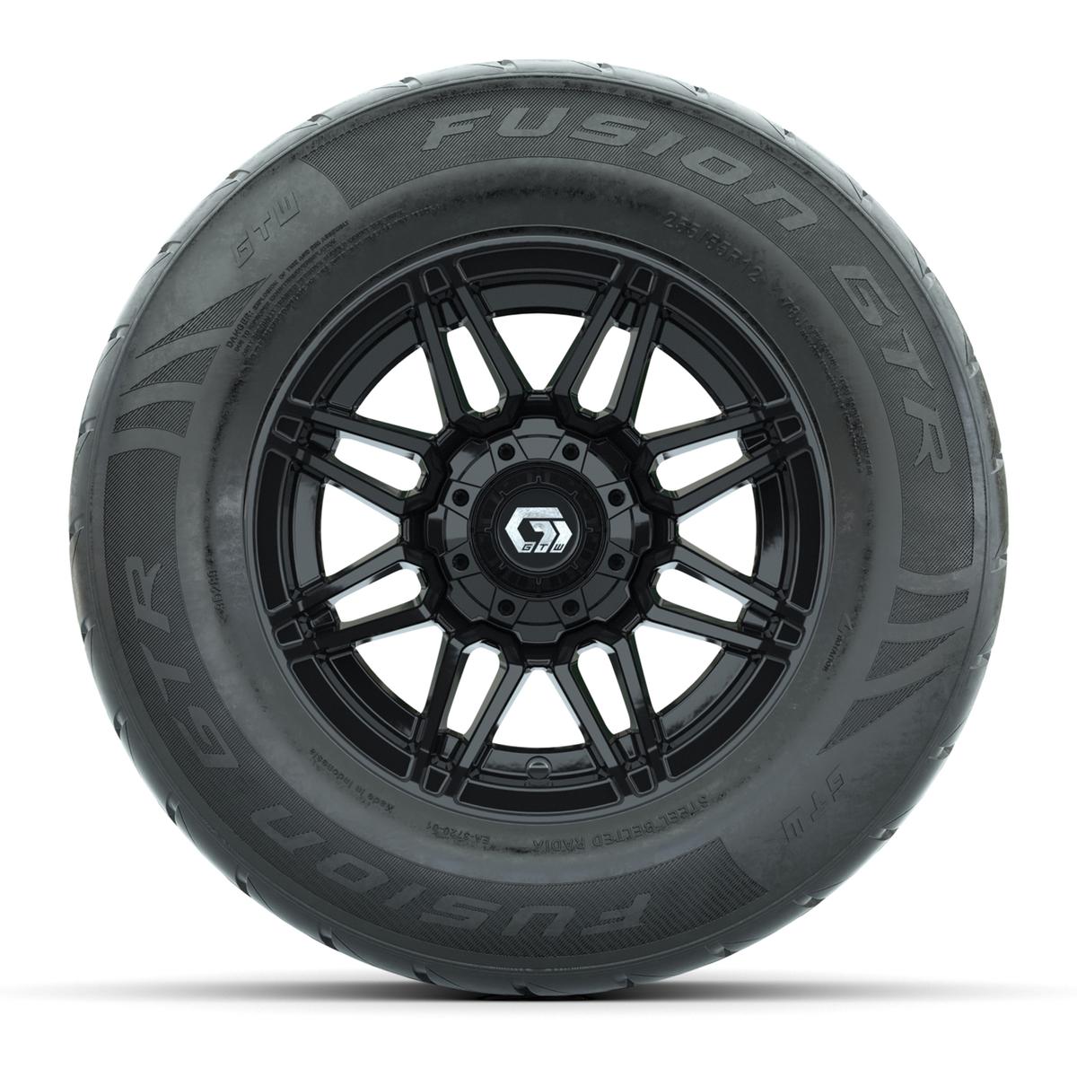 GTW&reg; Stealth Black/Machined 12 in Wheels with 255/55-R12 Fusion GTR Steel Belt Radial Street Tires – Full Set