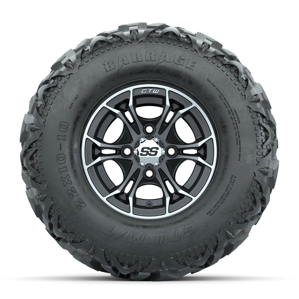 GTW Spyder Machined/Matte Grey 10 in Wheels with 22x10-10 Barrage Mud Tires – Full Set
