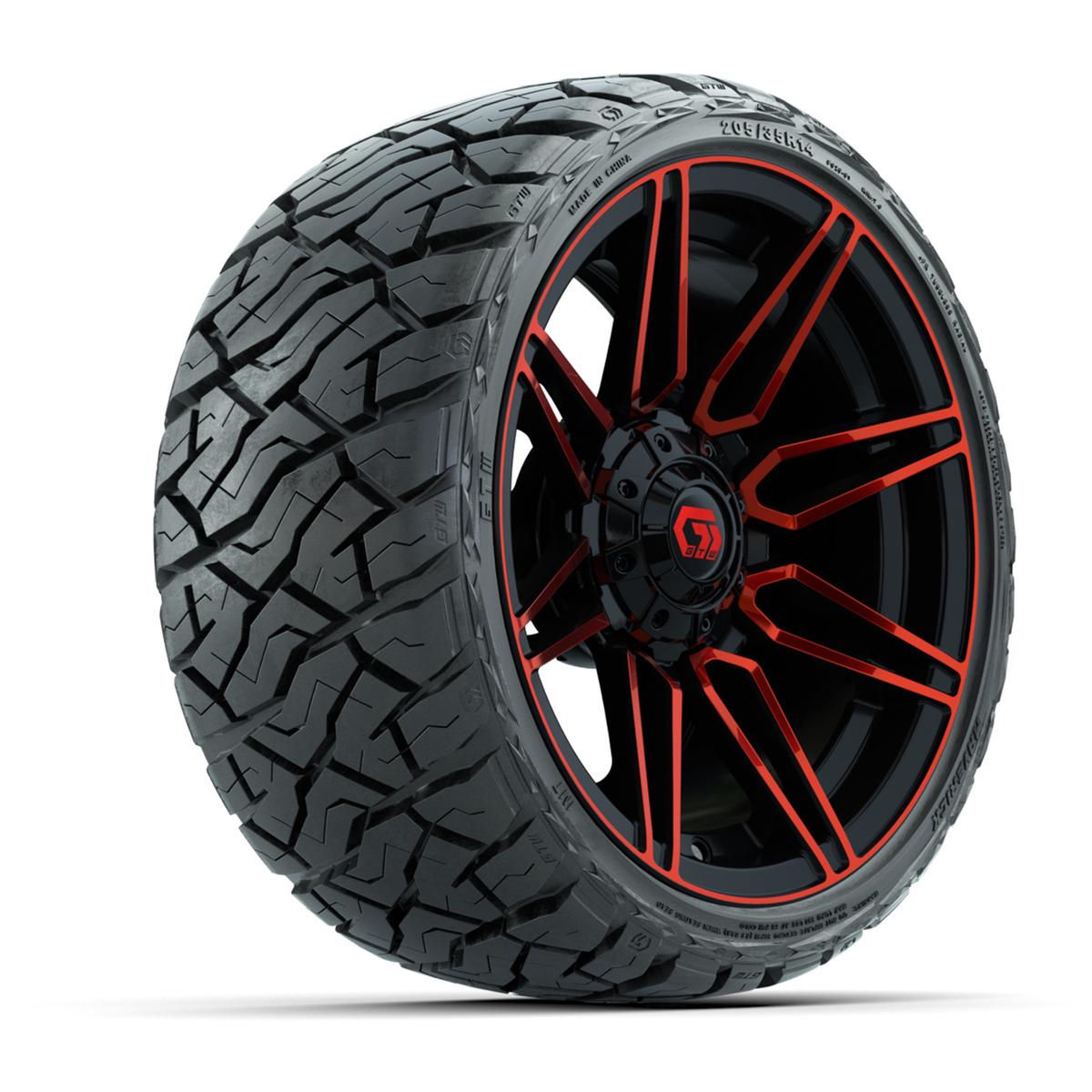GTW Stealth Gloss Black/Red 14 in Wheels with 205/35-R14 Maverick Low-Profile All-Terrain Tires – Full Set