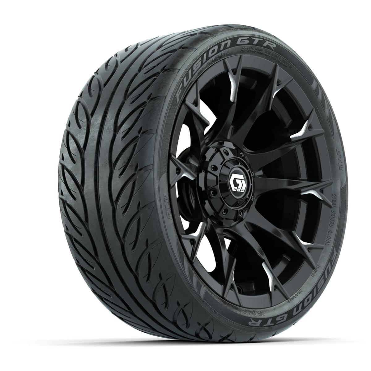 GTW® Diablo Gloss Black/Machined 14 in Wheels with 205/40-R14 Fusion GTR Steel Belted Street Tires – Full Set