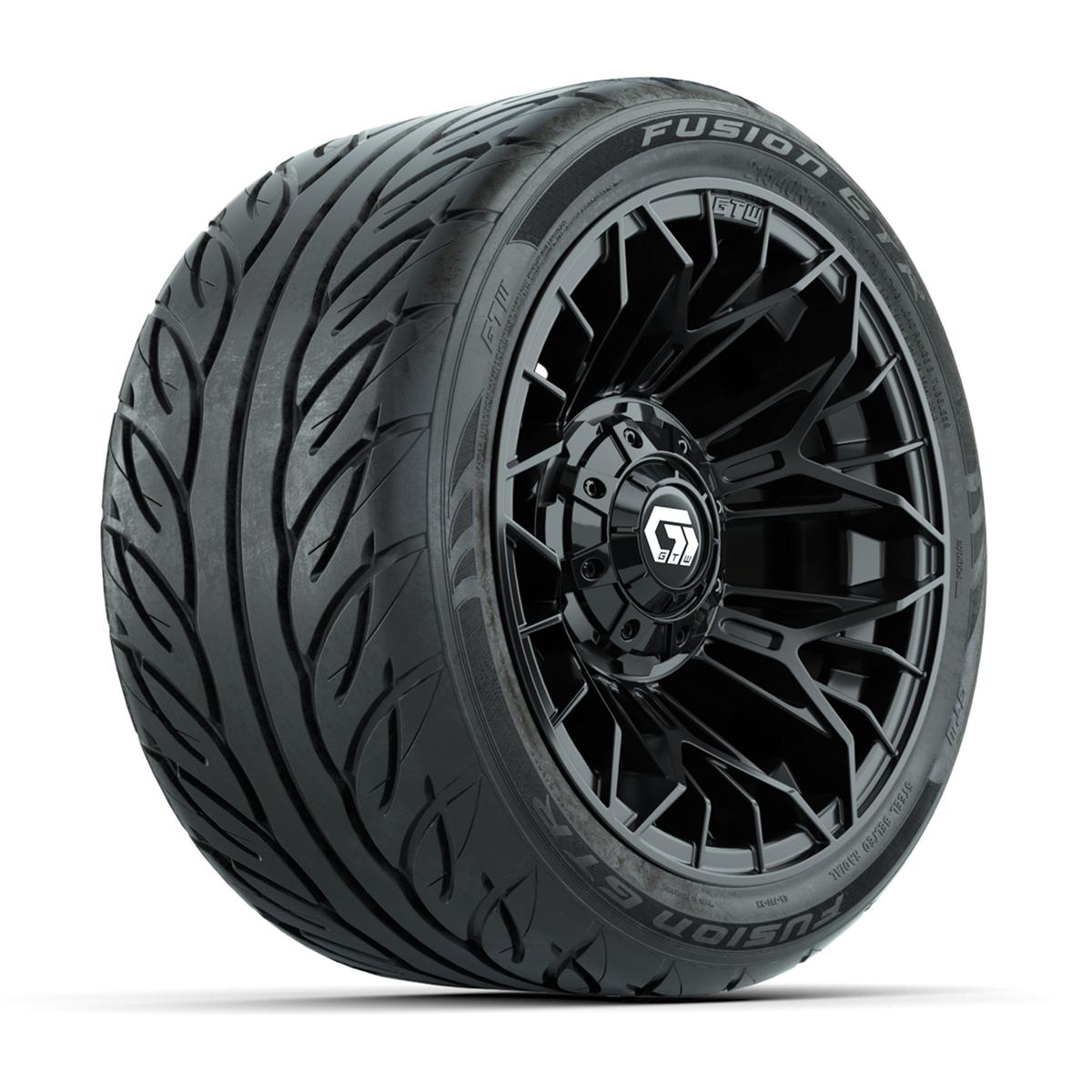 GTW&reg; Stellar Black 12 in Wheels with 215/40-R12 Fusion GTR Steel Belt Radial Street Tires – Full Set