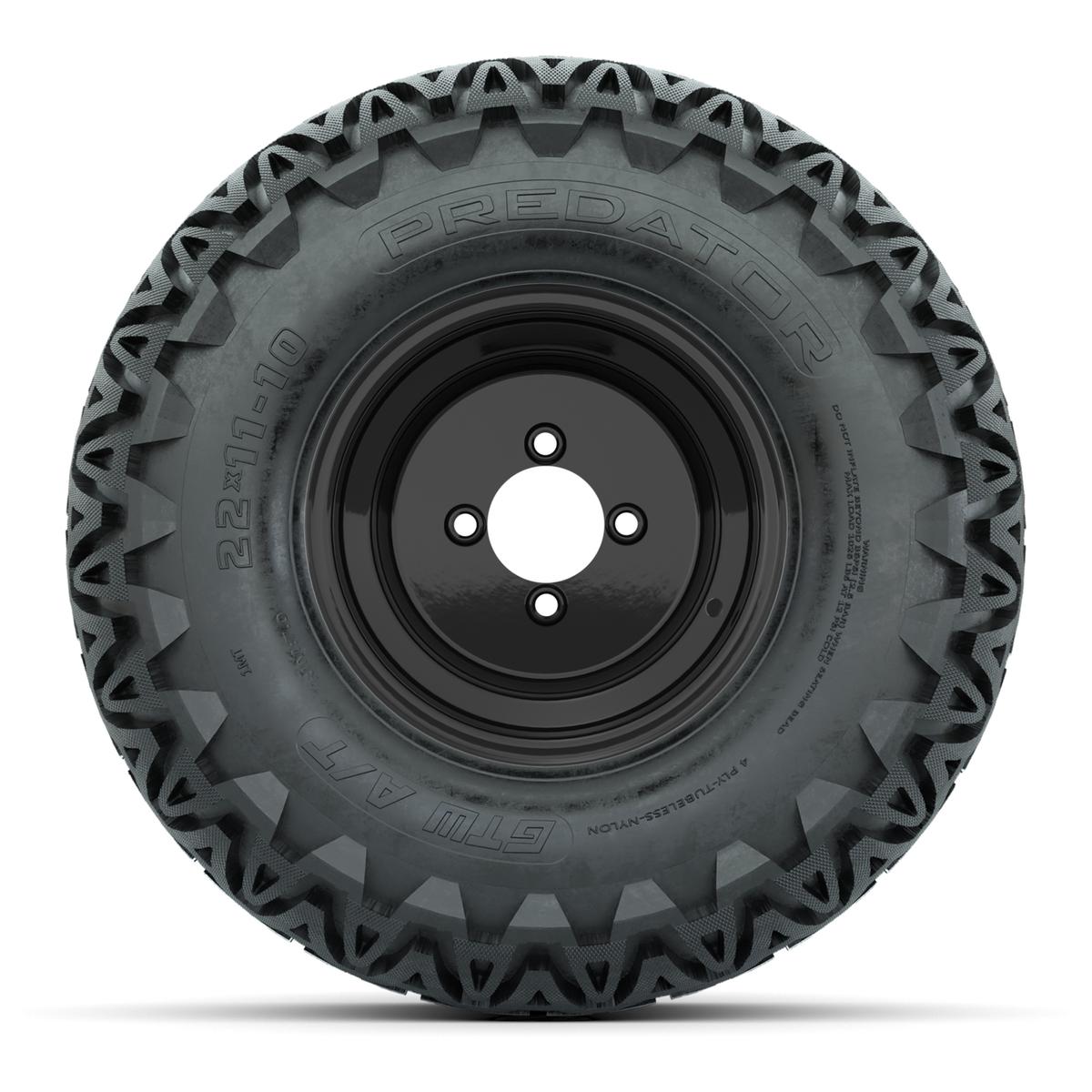 Set of (4) 10 in Black Steel Offset Wheels with 22x11-10 Predator All Terrain Tires