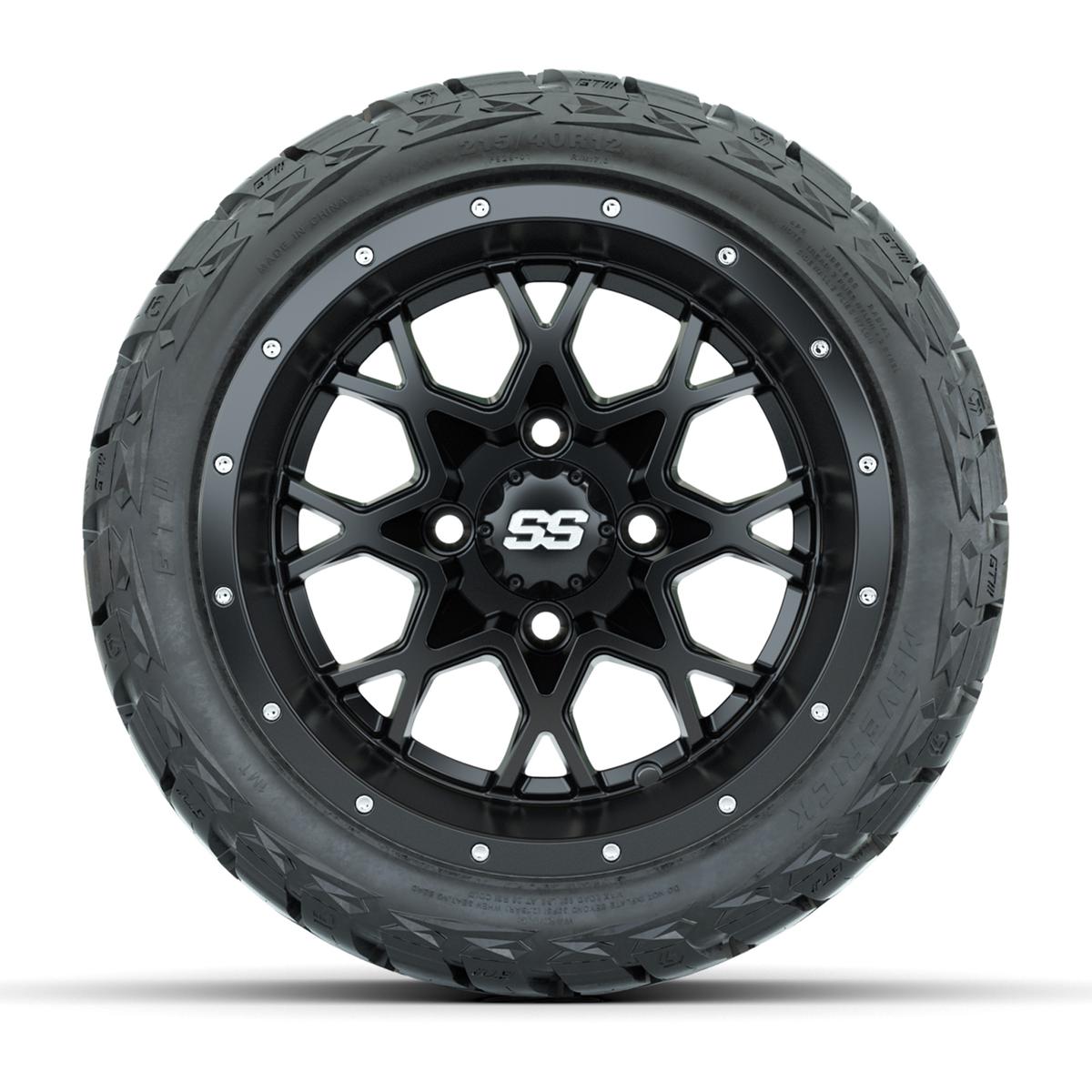 GTW Vortex Matte Black 12 in Wheels with 215/40-R12 Maverick Low-Profile All-Terrain Tires – Full Set