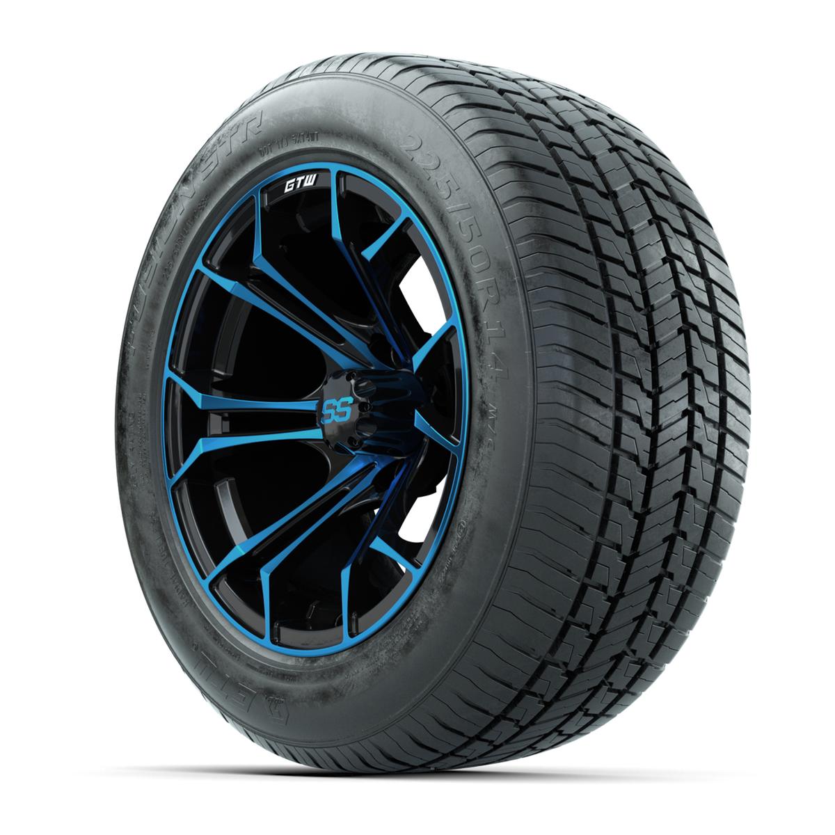 GTW&reg; Spyder Black and Blue 14 in Wheels with 255/50-R14 Fusion STR DOT Approved Street Tires - Full Set