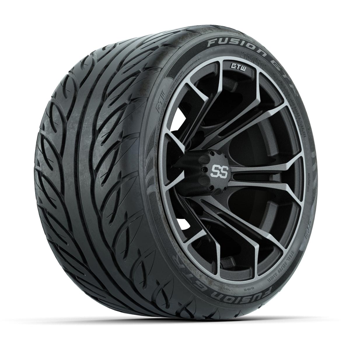 GTW&reg; Spyder Matte Gray/Machined 12 in Wheels with 215/40-R12 Fusion GTR Steel Belt Radial Street Tires – Full Set