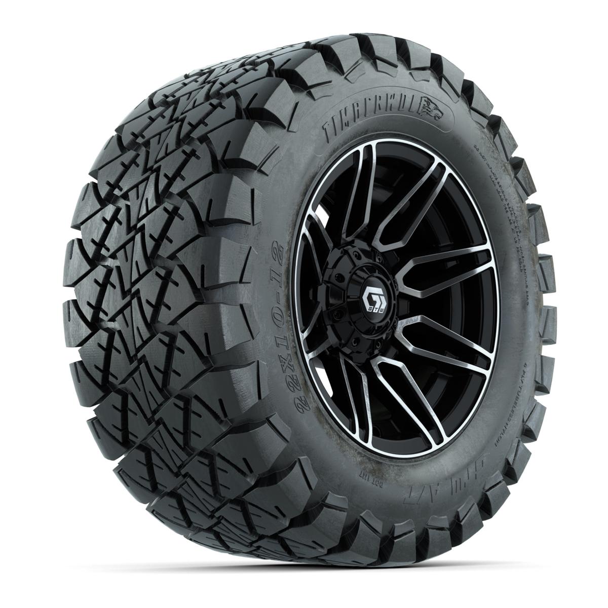 GTW® Stealth Black/Machined 12 in Wheels with 22x10-12 Timberwolf All-Terrain Tires – Full Set