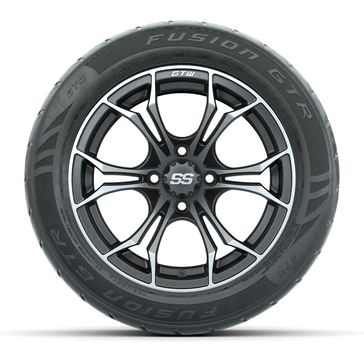 GTW&reg; Spyder Matte Gray/Machined 14 in Wheels with 255/45-R14 Fusion GTR Steel Belt Radial Street Tires – Full Set