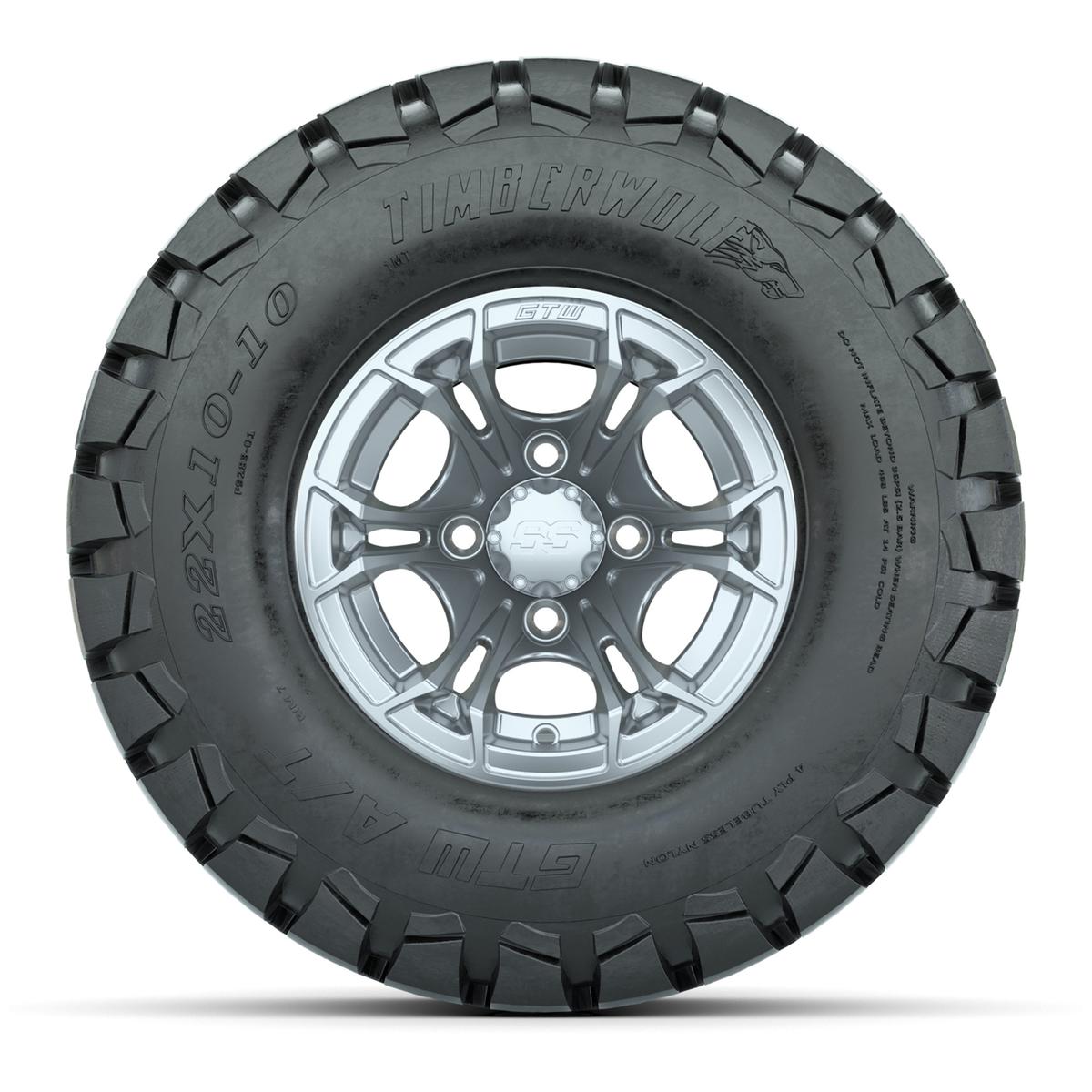 GTW Spyder Silver Brush 10 in Wheels with 22x10-10 Timberwolf All Terrain Tires – Full Set