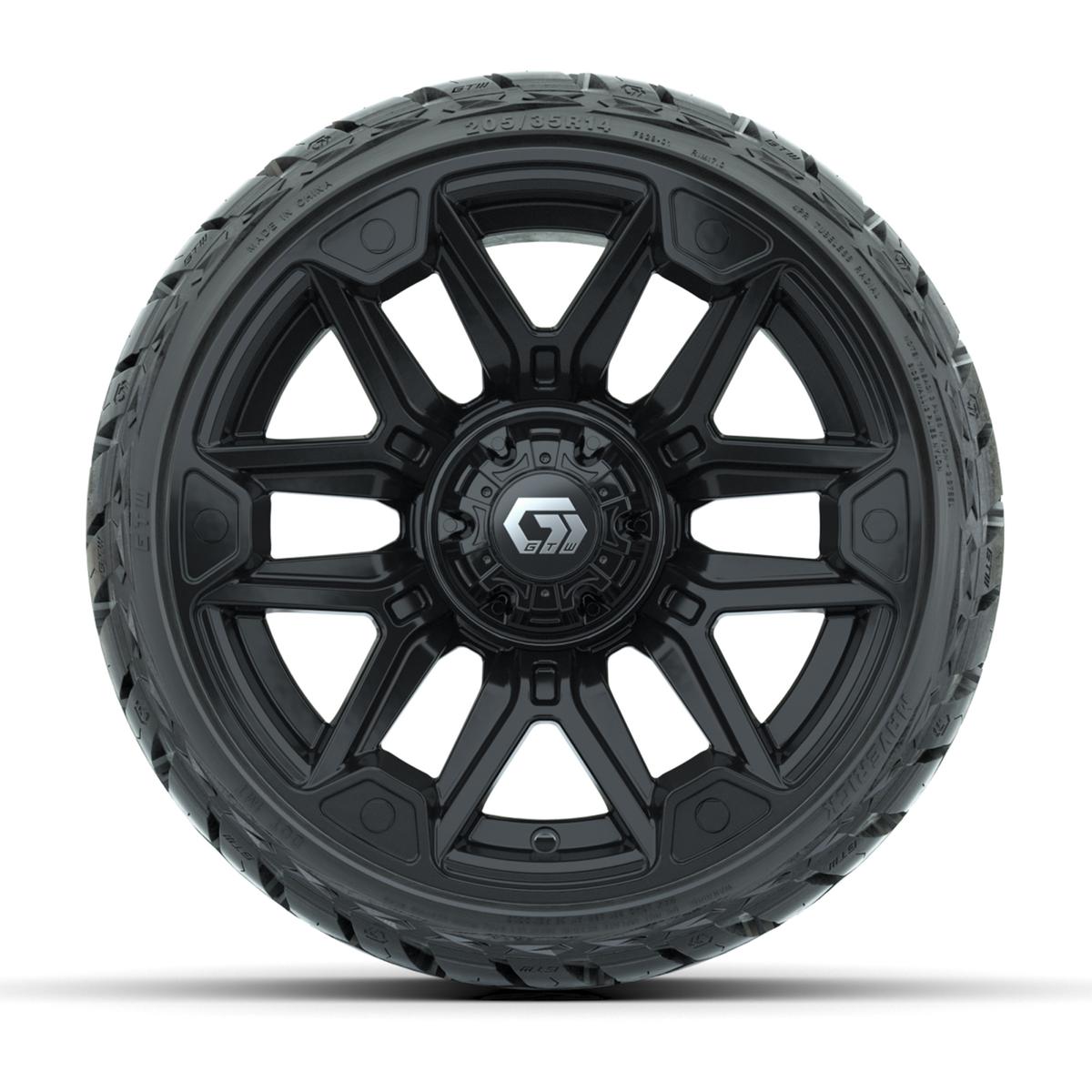 GTW Graffiti Gloss Black 14 in Wheels with 205/35-R14 Maverick Low-Profile All-Terrain Tires – Full Set