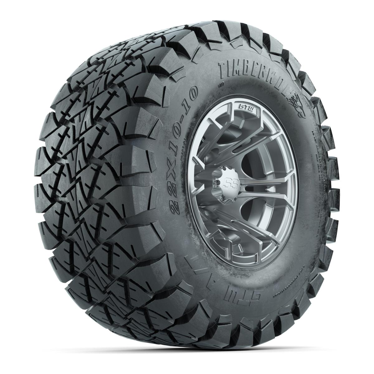 GTW Spyder Silver Brush 10 in Wheels with 22x10-10 Timberwolf All Terrain Tires – Full Set