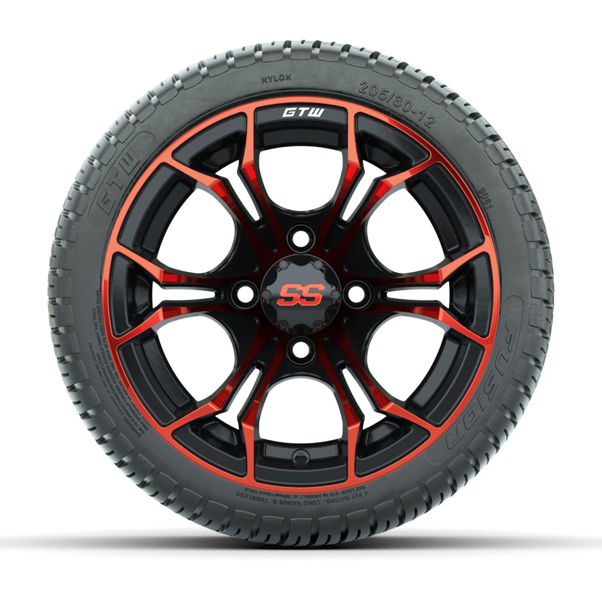 GTW&reg; Spyder Black/Red 12 in Wheels with 205/30-12 Fusion Street Tires – Full Set