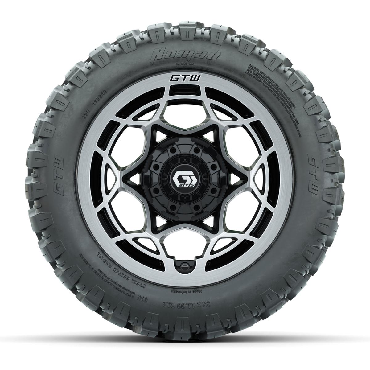 GTW&reg; Nexus Black with Silver Face 12 in Wheels with 22X11-R12 Nomad Steel Belt Radial All-Terrain Tires – Full Set