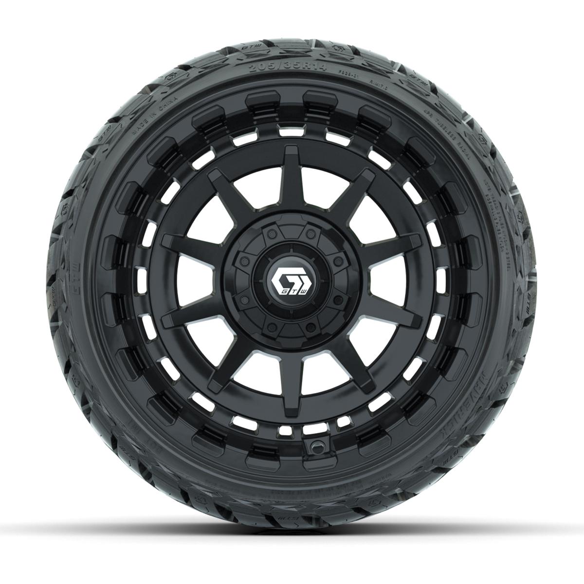 GTW Barricade Gloss Black 14 in Wheels with 205/35-R14 Maverick Low-Profile All-Terrain Tires – Full Set