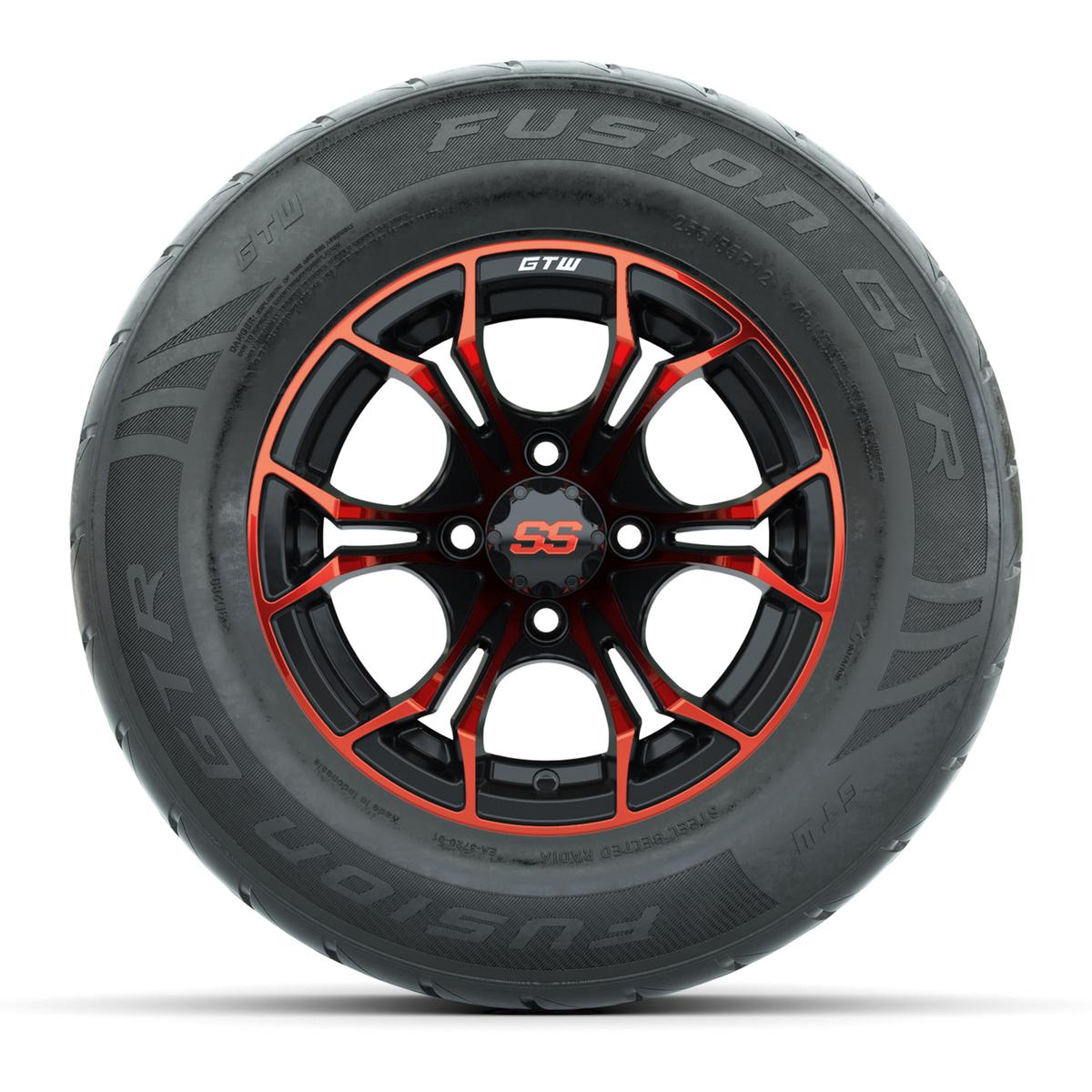 GTW&reg; Spyder Black/Red 12 in Wheels with 255/55-R12 Fusion GTR Steel Belt Radial Street Tires – Full Set