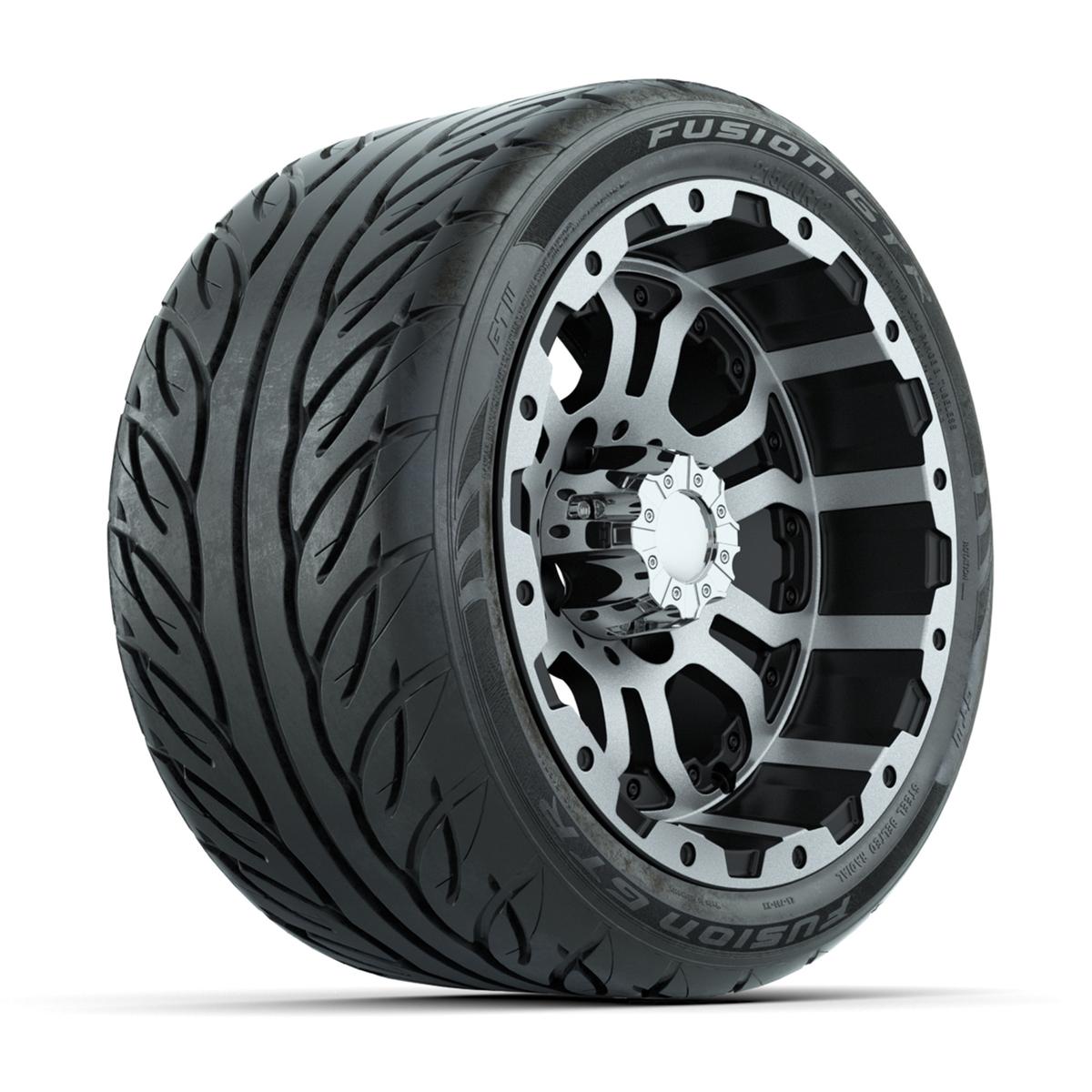 GTW&reg; Omega Black/Machined 12 in Wheels with 215/40-R12 Fusion GTR Steel Belt Radial Street Tires – Full Set