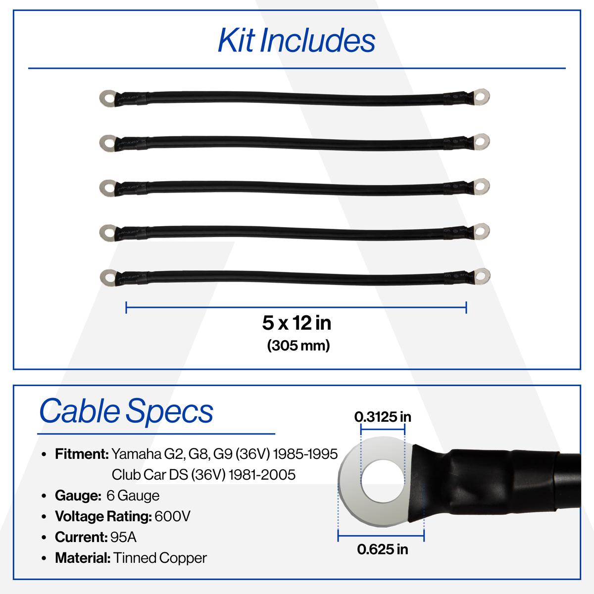 Club Car DS &amp; Yamaha G2/G8/G9 36V 6-Gauge Battery Cable Set