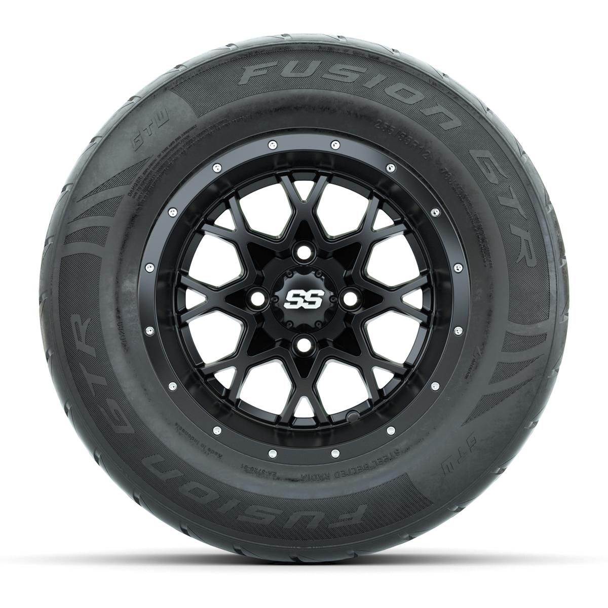 GTW&reg; Vortex 2 Matte Black/Machined 12 in Wheels with 255/55-R12 Fusion GTR Steel Belt Radial Street Tires – Full Set