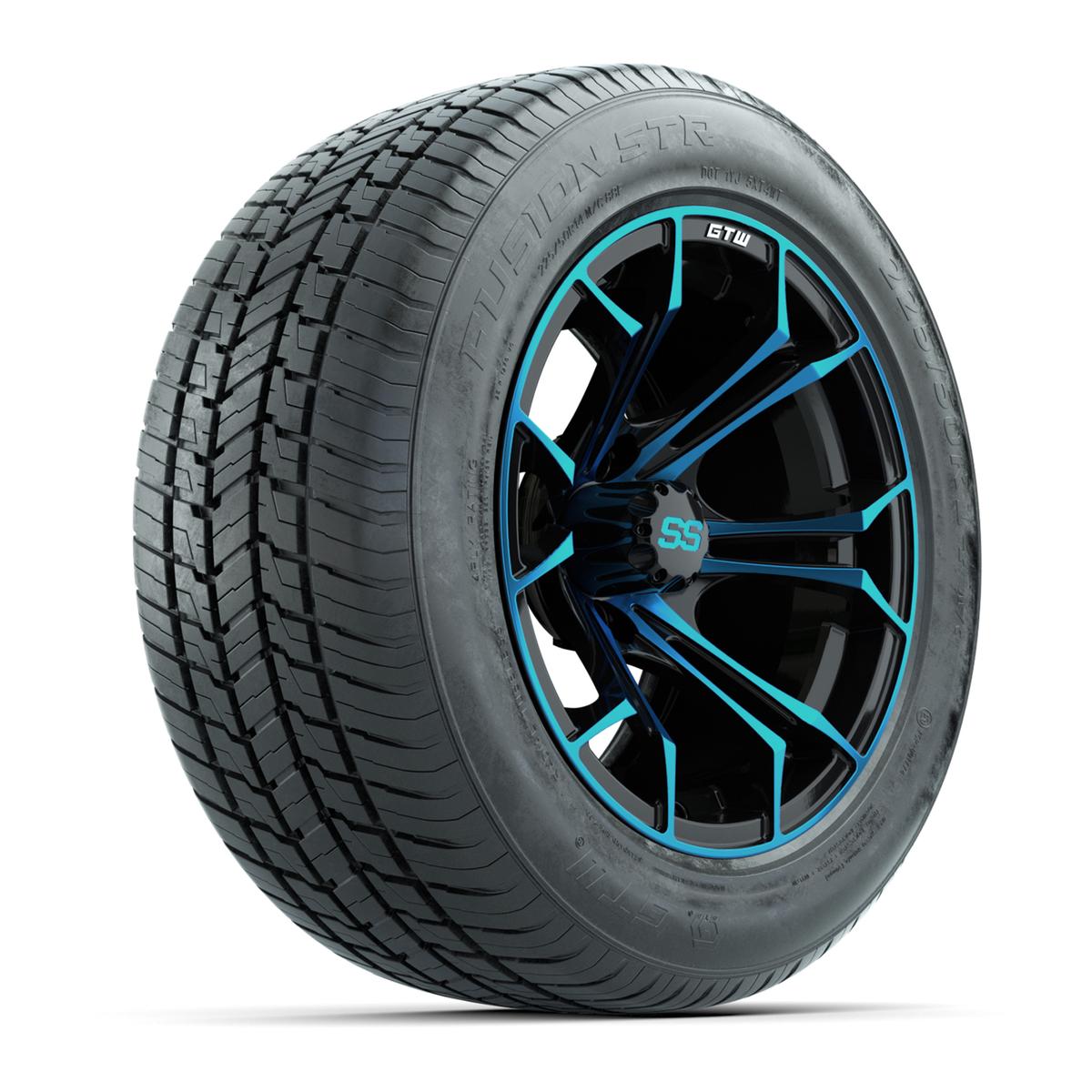 GTW&reg; Spyder Black and Blue 14 in Wheels with 255/50-R14 Fusion STR DOT Approved Street Tires - Full Set