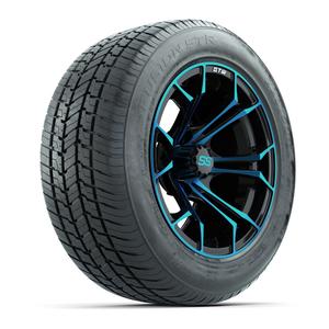 GTW&reg; Spyder Black and Blue 14 in Wheels with 255/50-R14 Fusion STR DOT Approved Street Tires - Full Set